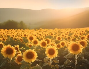Fototapeta premium field of sunflowers and sun