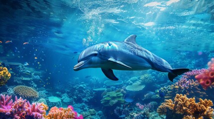 Fototapeta premium A dolphin is swimming in the ocean with a lot of colorful fish around it