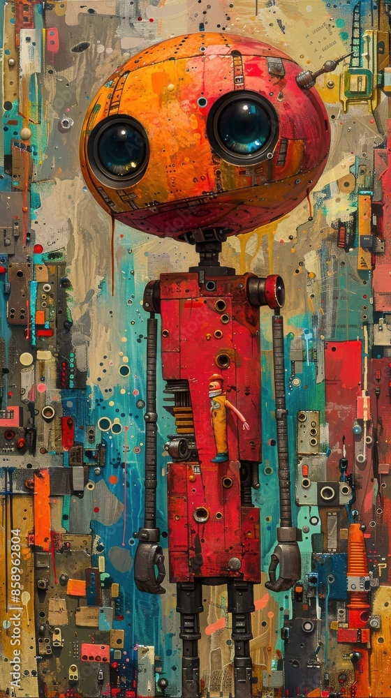 Poster A robot with a human figure inside of it. The robot is red and yellow. The robot is standing in front of a colorful background