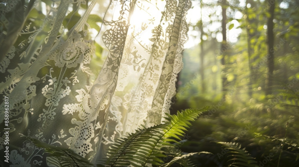 Poster a delicate swath of lace fabric ds over a of ferns adding a touch of elegance and whimsy to the sunl