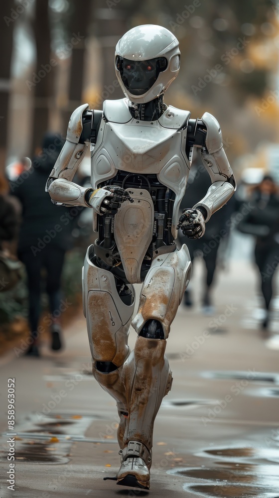 Aufkleber a robot is running down a street with people walking behind it. the robot is wearing a white helmet 