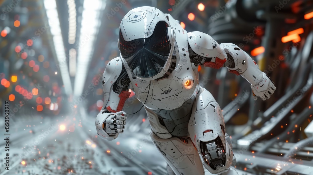 Fototapete a robot is running through a space station. the robot is wearing a white suit and has a helmet on. t
