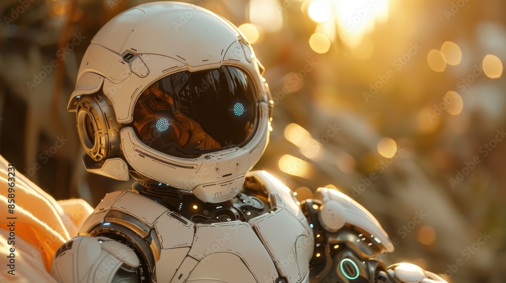Poster a robot with a white helmet is sitting on a bed. the robot is wearing a white suit and has a blue fa