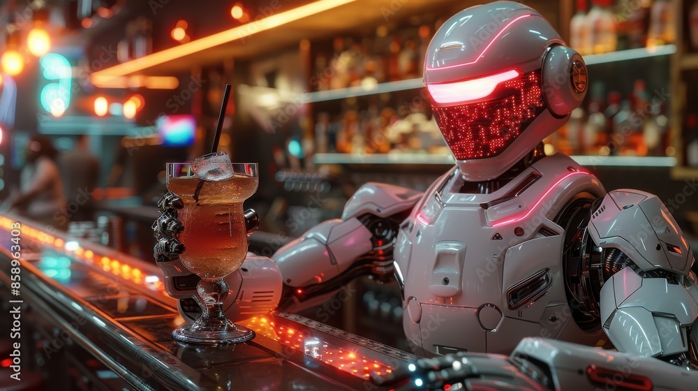 Poster A robot bartender is holding a glass of beer in front of a bar. The robot is wearing a red helmet and has a neon light on its head. The bar is dimly lit, giving it a cool and futuristic vibe
