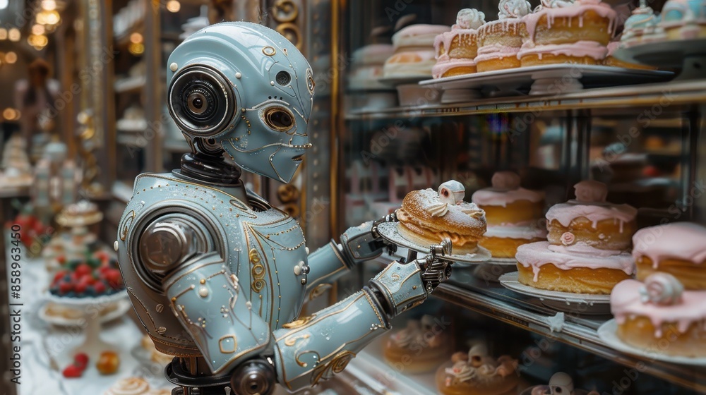 Leinwandbilder A robot is holding a plate of donuts in a store. The robot is surrounded by many different types of donuts, cakes, and other pastries. The scene is whimsical and playful