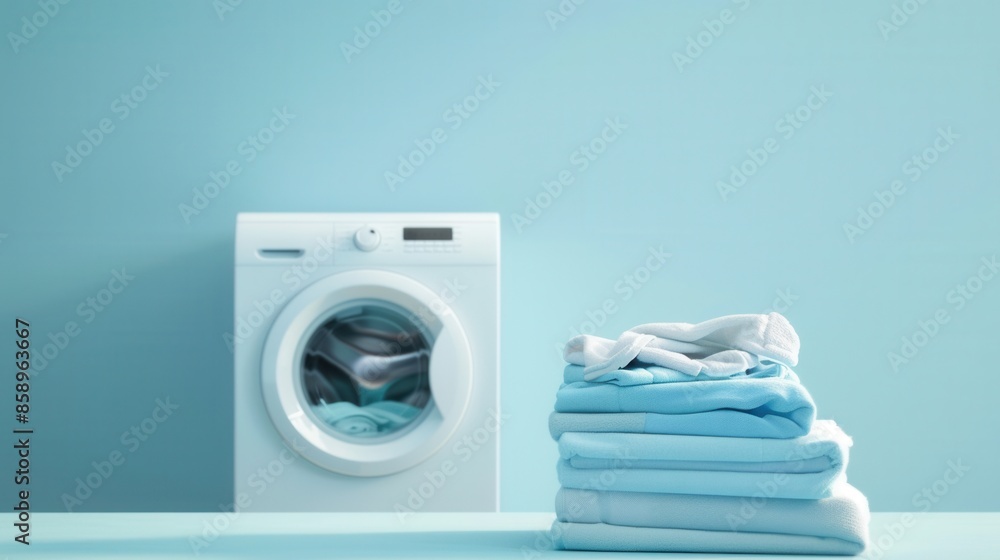 Poster a stack of neatly folded, clean laundry sits next to a white washing machine in a bright, modern set