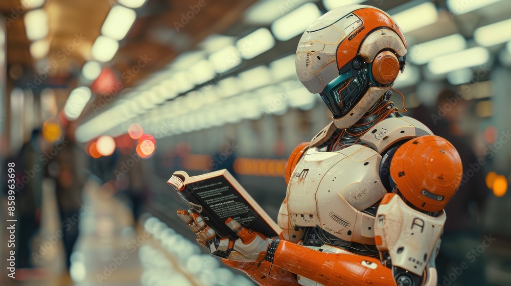 Poster a robot is reading a book in a subway station. the robot is orange and white