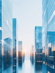 Fototapeta premium Modern Cityscape With Skyscrapers At Sunrise. A view of tall, glass buildings reflecting the light of the rising sun, creating a serene urban scene.