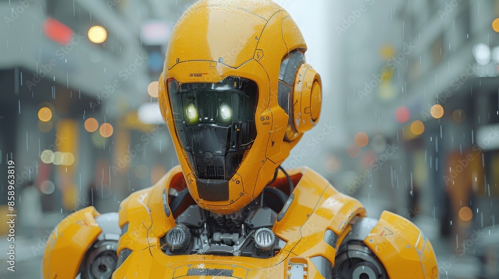 Leinwandbilder a robot with a yellow helmet stands in a city street. the robot is wearing a black suit and has a gr