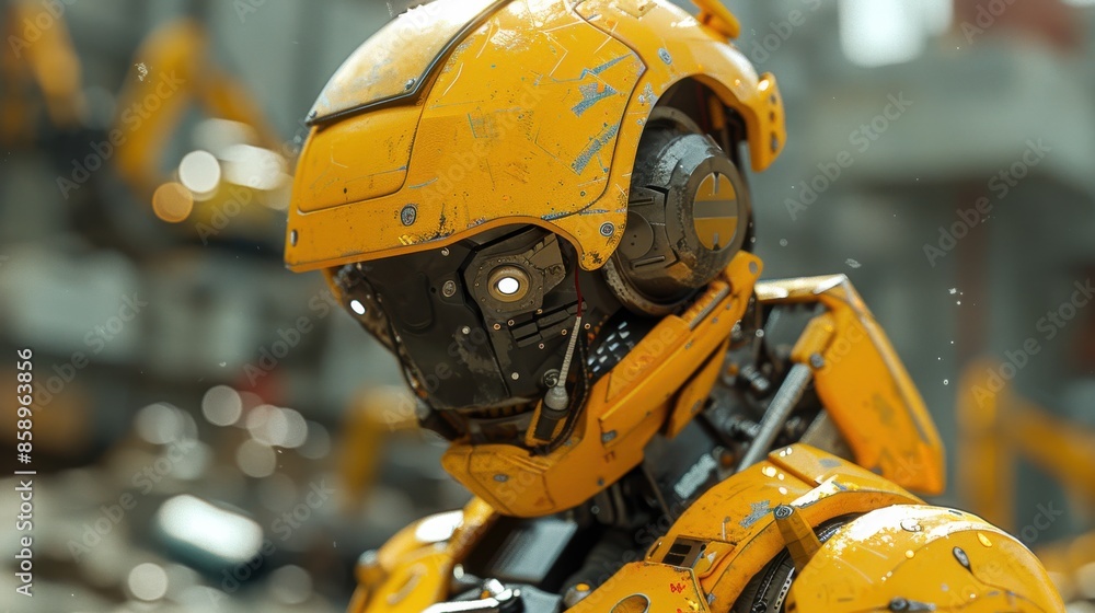 Leinwandbilder a robot with a yellow helmet and a yellow body. the robot is standing in front of a building