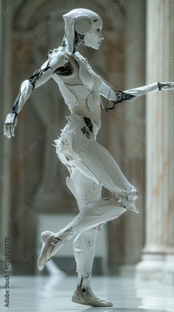 Aufkleber A robot is walking in a white room. The robot is made of metal and has a human-like appearance. The robot is walking with its arms outstretched, giving the impression of movement and life