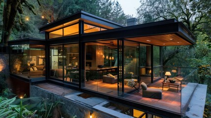 Obraz premium Modern wooden cottage house interior with living room close up