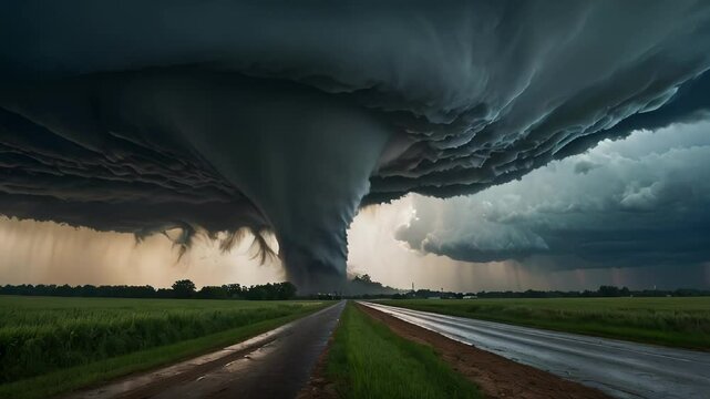 tornado  over field and street, tsunami, storm, natural disaster, destruction
