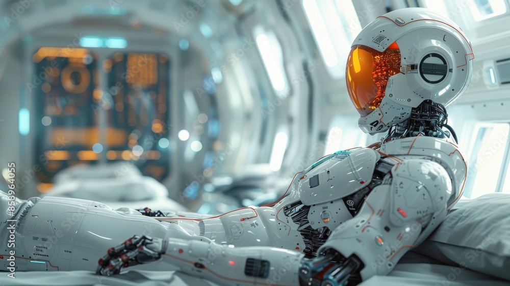 Poster A robot is laying on a bed in a white room. The robot is wearing a white suit and has an orange visor. The robot appears to be resting or relaxing