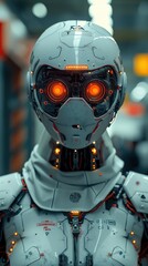 Fototapeta premium A robot with orange eyes and a white helmet. The robot is standing in a room with a red wall