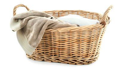 Wicker laundry basket with clean towels isolated on white