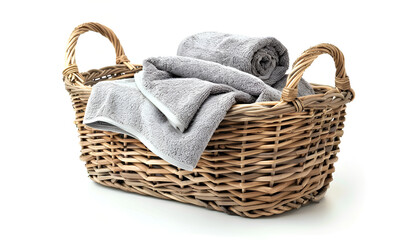 Obraz premium Wicker laundry basket with clean towels isolated on white