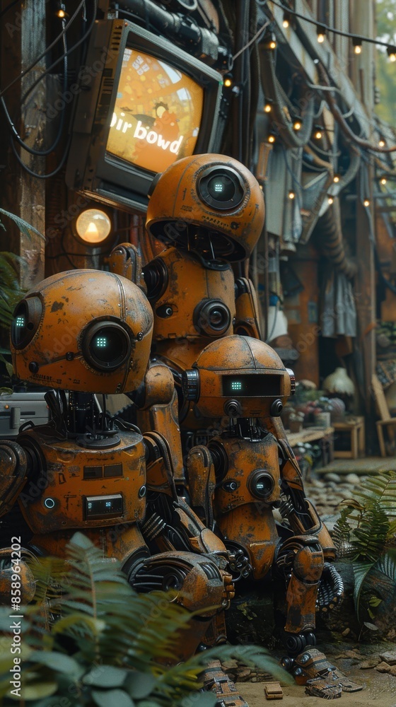 Leinwandbilder three robots are sitting on the ground in front of a sign that says 