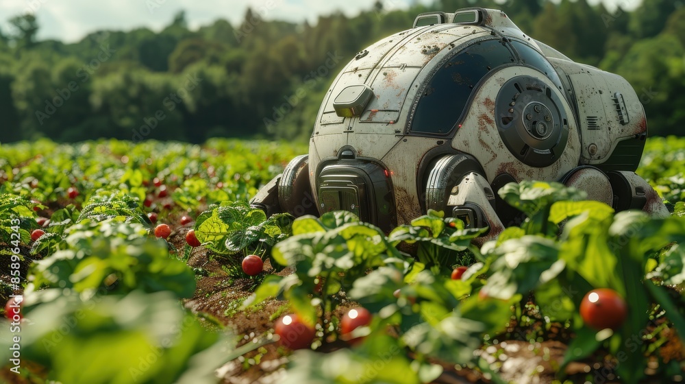 Poster a robot is in a field of red tomatoes. the robot is white and has a black head