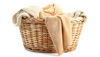 Wicker laundry basket with clean towels isolated on white