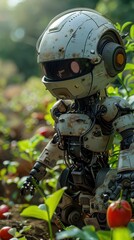 Fototapeta premium A robot is standing in a garden with a tomato in its hand. The robot is wearing a helmet and has a metallic appearance. The scene is set in a lush green garden with various plants and flowers
