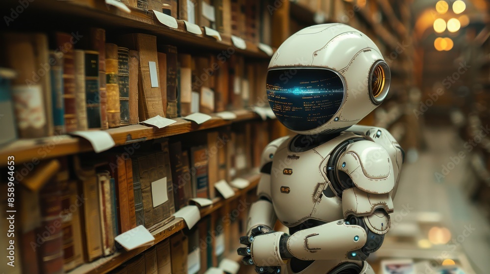 Aufkleber a robot is standing in a library with bookshelves full of books. the robot is white and has a blue f