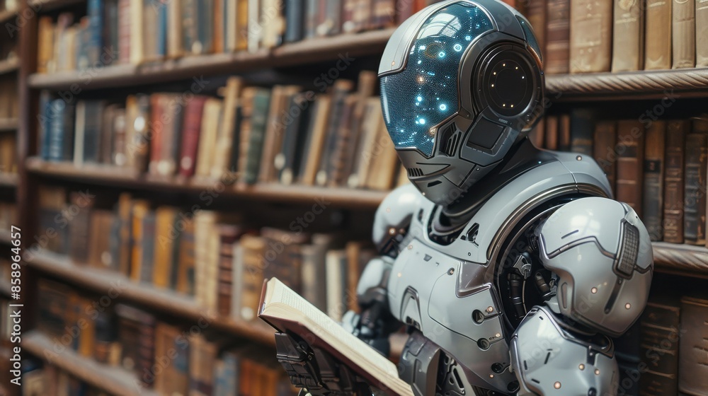 Aufkleber a robot is standing in a library and reading a book. the robot is wearing a helmet and has a robotic
