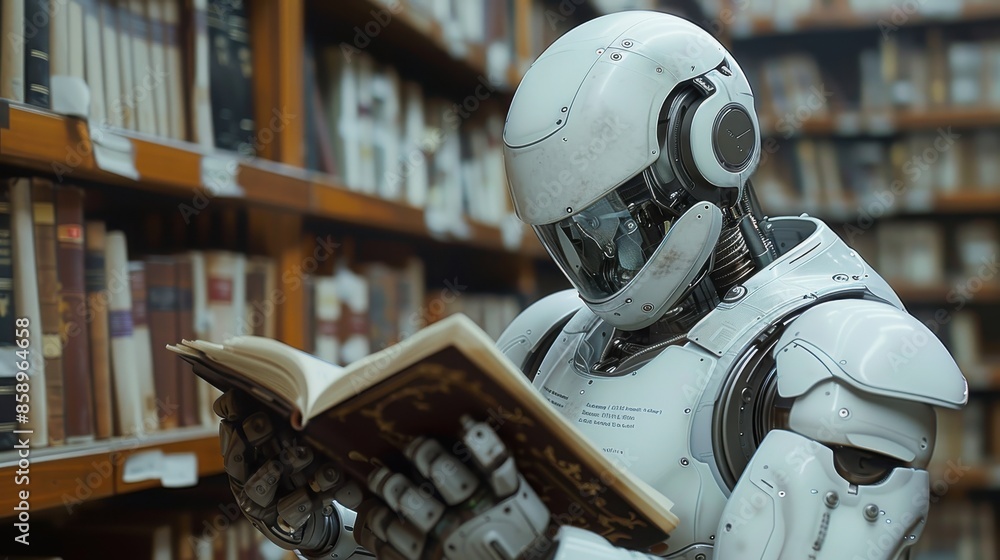 Aufkleber a robot is reading a book in a library. the robot is white and has a helmet on