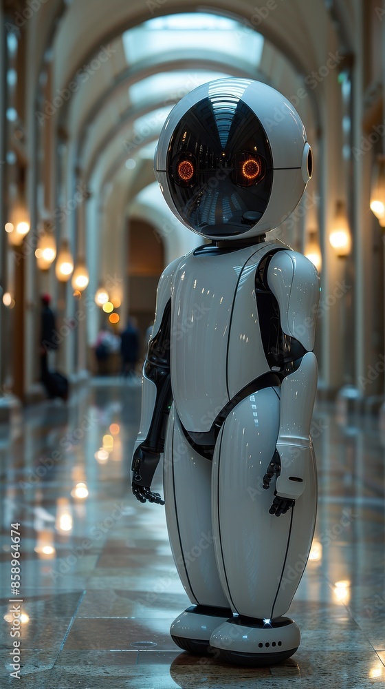 Leinwandbilder a robot is standing in a hallway with a light on. the robot is white and has a black face