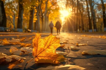 Romantic couple walking in autumn park surrounded by golden leaves, intimate moment in fall scenery