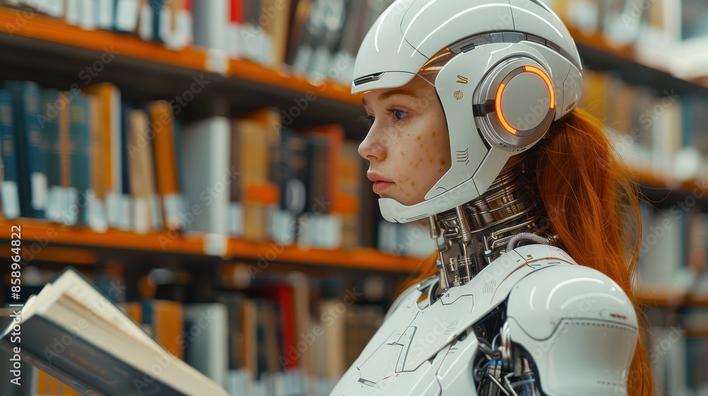Poster a woman in a white robot suit is reading a book in a library. the robot suit is designed to look lik