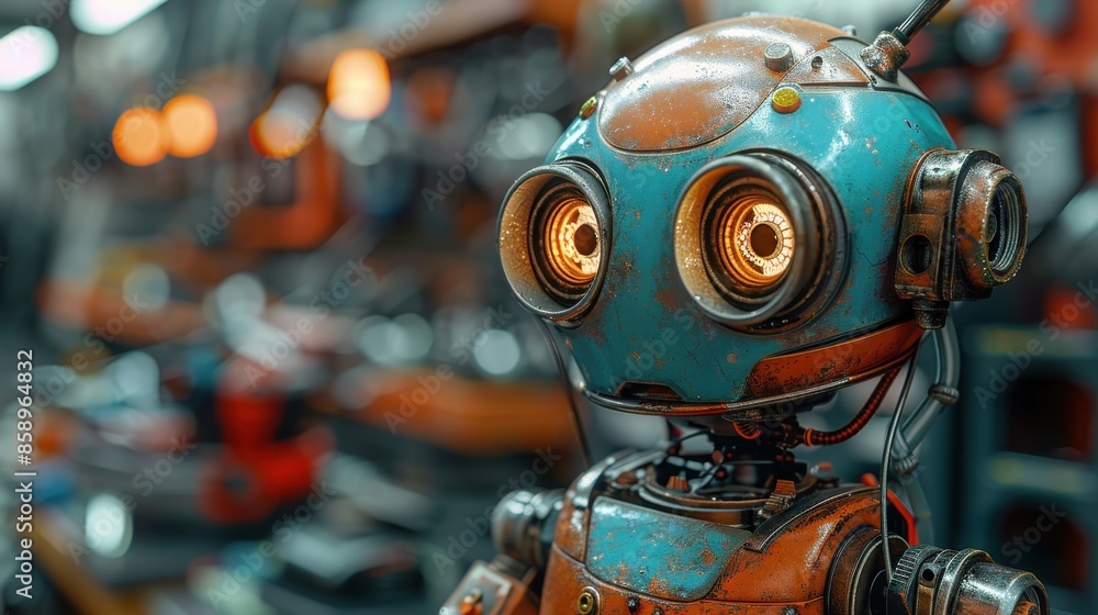 Poster a robot with a blue head and orange body stands in front of a wall of tools. the robot's eyes are gl
