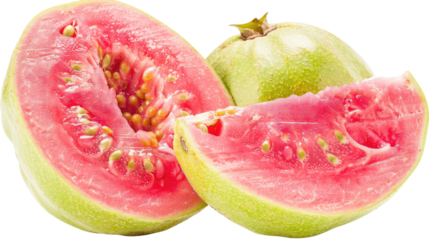 Photograph of a sliced guava, its vibrant pink flesh and fragrant aroma enticing the senses against a transparent background.