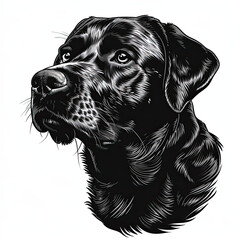 A black and white drawing of a labrador retriever dog