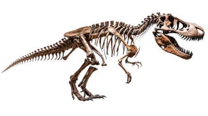 photograph of a skeleton of a Tyrannosaurus Rex, assembled in a museum, against a transparent background