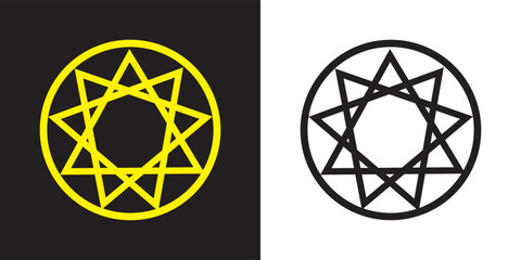 Bahai icon set. nine pointed baha vector symbol. persian star sign in black filled and outlined style.