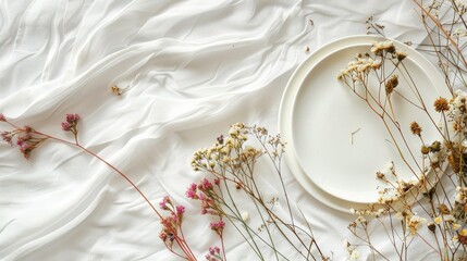 Dried flowers and plate on white backdrop