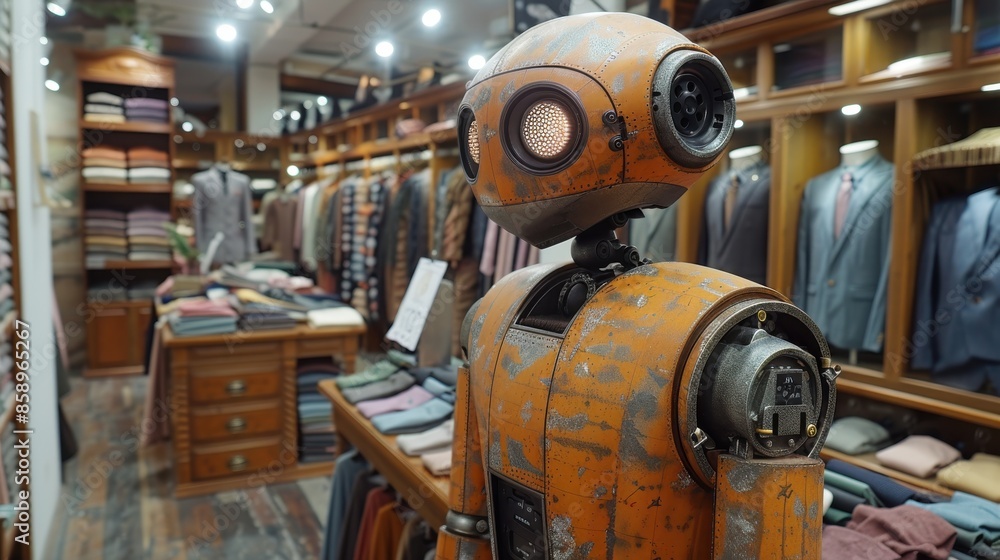 Poster a robot is standing in a store with clothes on display. the robot is orange and has a creepy appeara