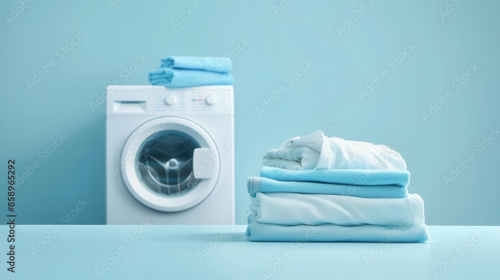 Poster a white washing machine with a closed door sits on a blue surface next to a stack of neatly folded, 
