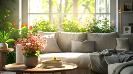 Chic living room with a plush grey sofa and decorative red flowers in vases on the round wooden coffee table on the windows background in natural sunlight