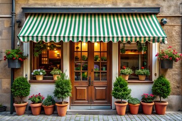 small vintage european shop facade, striped