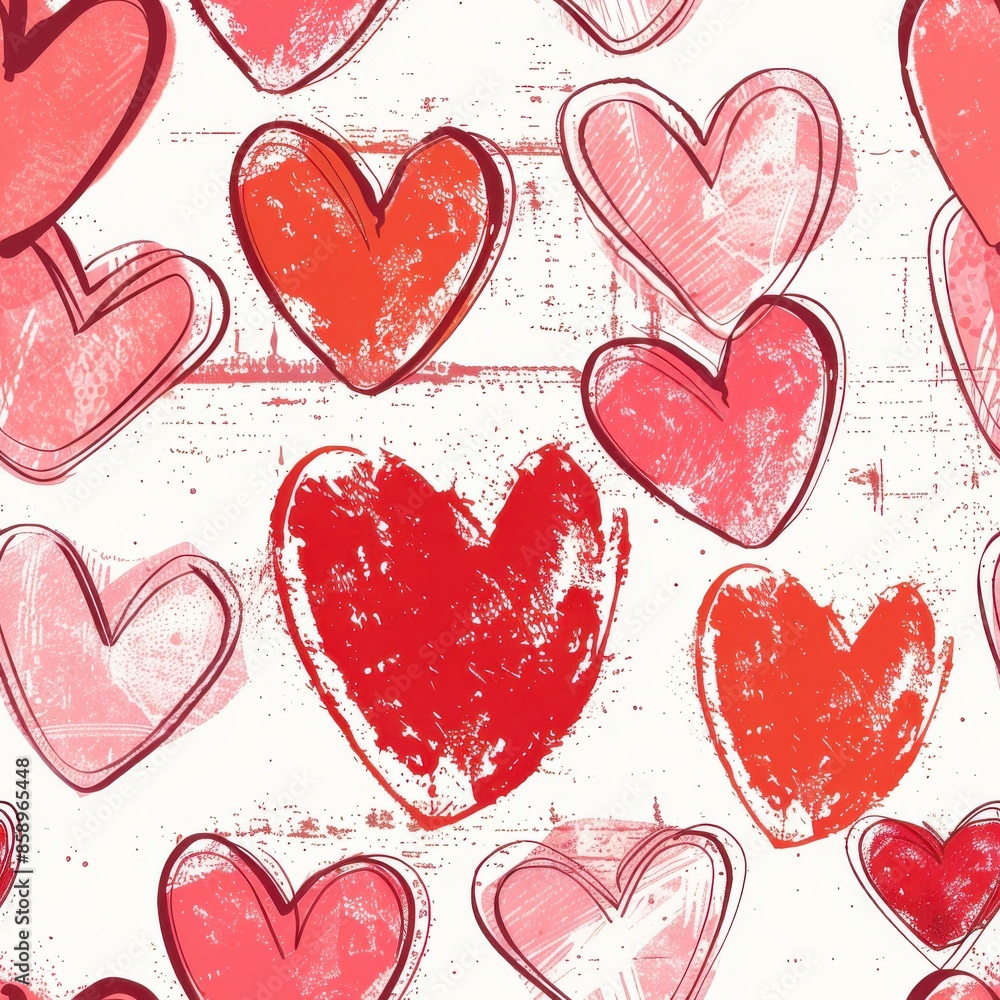 Poster a seamless pattern of hand-drawn hearts in shades of red and pink on a white background with a grung