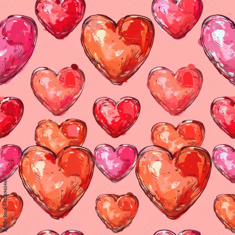 Poster This image is a digital drawing of a seamless pattern with multiple red and pink hearts, arranged in a repeating pattern on a soft pink background. Each heart is drawn in a hand-drawn style, with visi