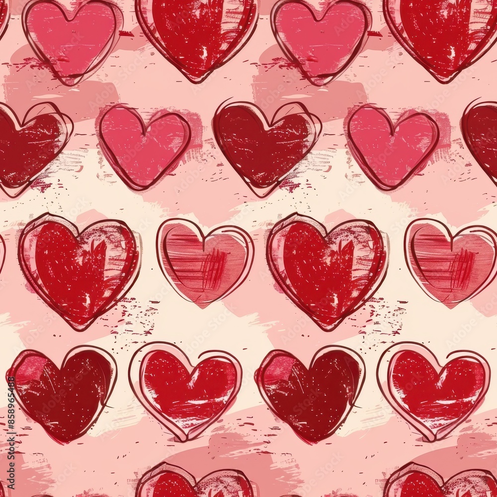 Poster This image is a seamless pattern of hand-drawn red and pink hearts on a pink background. The hearts are drawn in a loose, gestural style, with some of them overlapping. The background is a soft, pale 