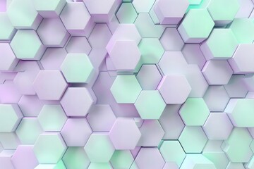 Naklejka premium Abstract Background, a 3D geometric pattern of interlocking hexagons in pastel shades of lavender and mint, with soft gradients creating a soothing visual effect and a sense of depth,