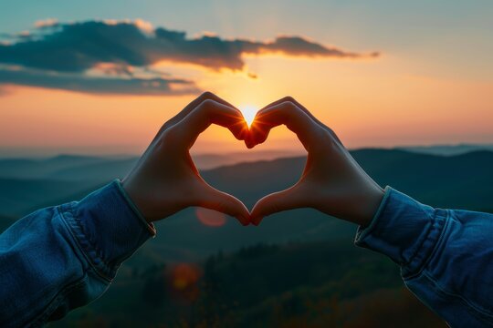 Close up of hands forming heart shape against stunning and colorful sunset sky backdrop