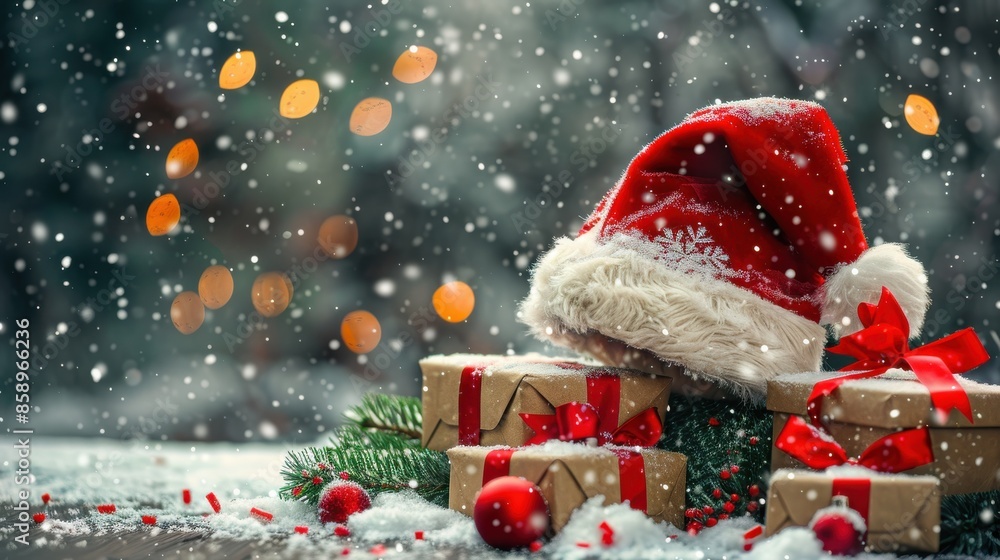 Poster a red hat with a white band sits on top of a stack of presents. the hat is a santa hat, and the pres