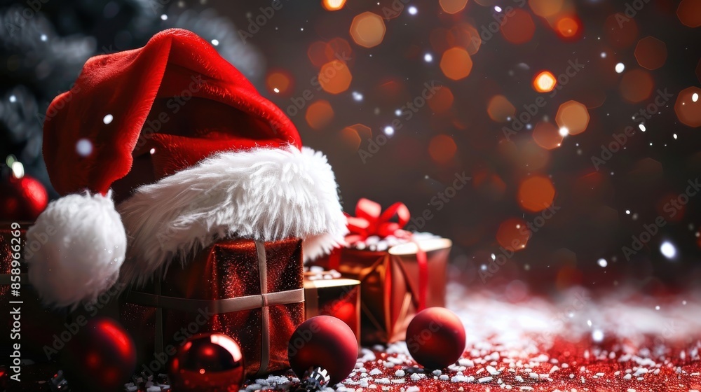 Poster a red hat with a white santa hat on top of a box with a red ribbon. there are also two other boxes a