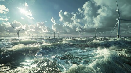 Dynamic scene of a coastal area with tidal turbines and offshore wind farms, demonstrating the power of renewable resources
