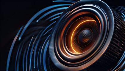 Black background, one woofer speaker is vibrating, and sonic boom forms in circular shape from speaker